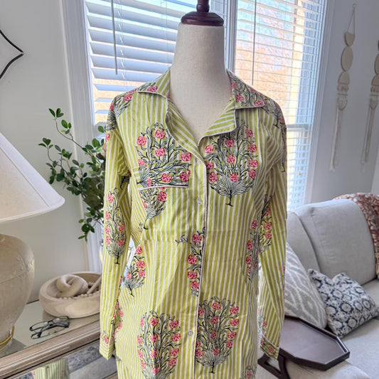Green Holiday Pj's Hand Block print Cotton Pajama Set, Floral and Stripes Boho Loungewear and sleepwear with Pouch Holiday Gift for her