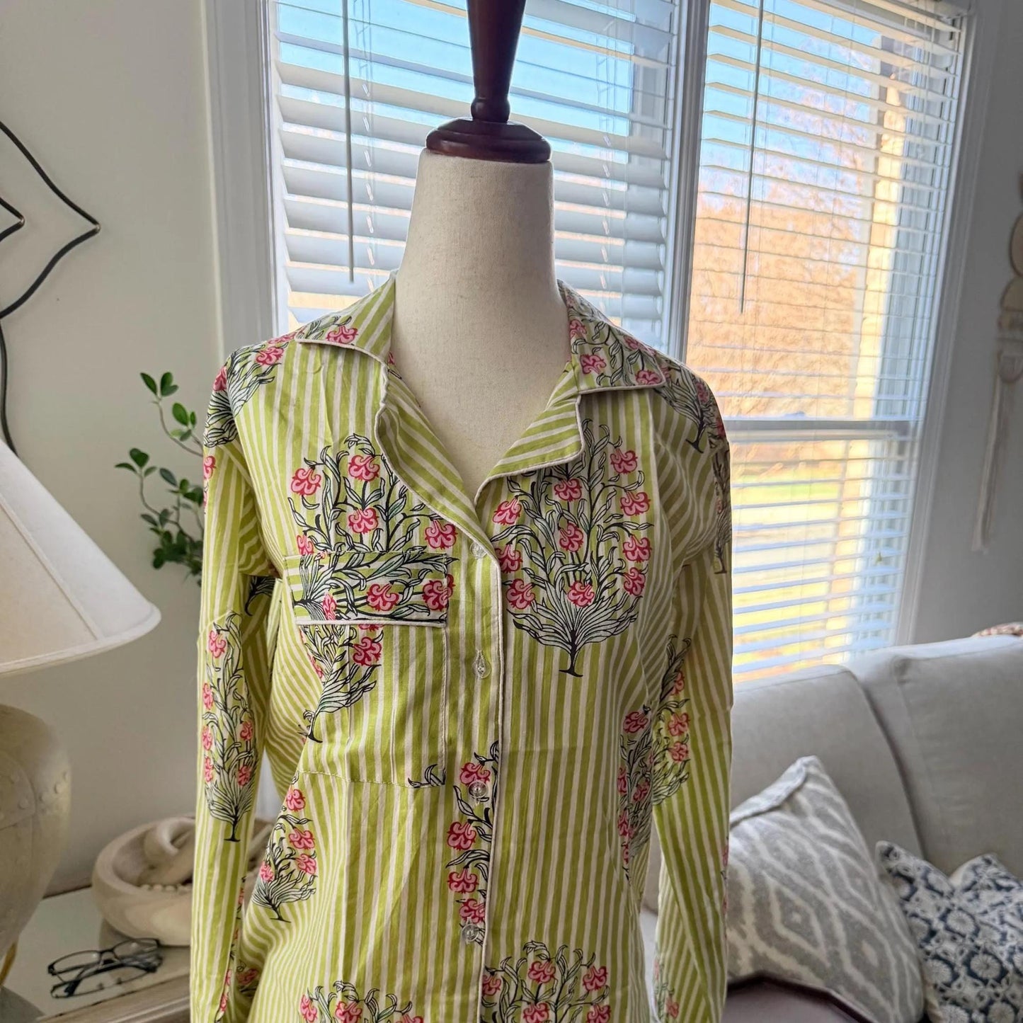 Green Holiday Pj's Hand Block print Cotton Pajama Set, Floral and Stripes Boho Loungewear and sleepwear with Pouch Holiday Gift for her