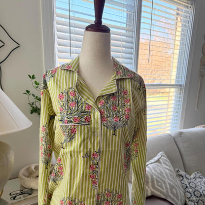 Green Holiday Pj's Hand Block print Cotton Pajama Set, Floral and Stripes Boho Loungewear and sleepwear with Pouch Holiday Gift for her