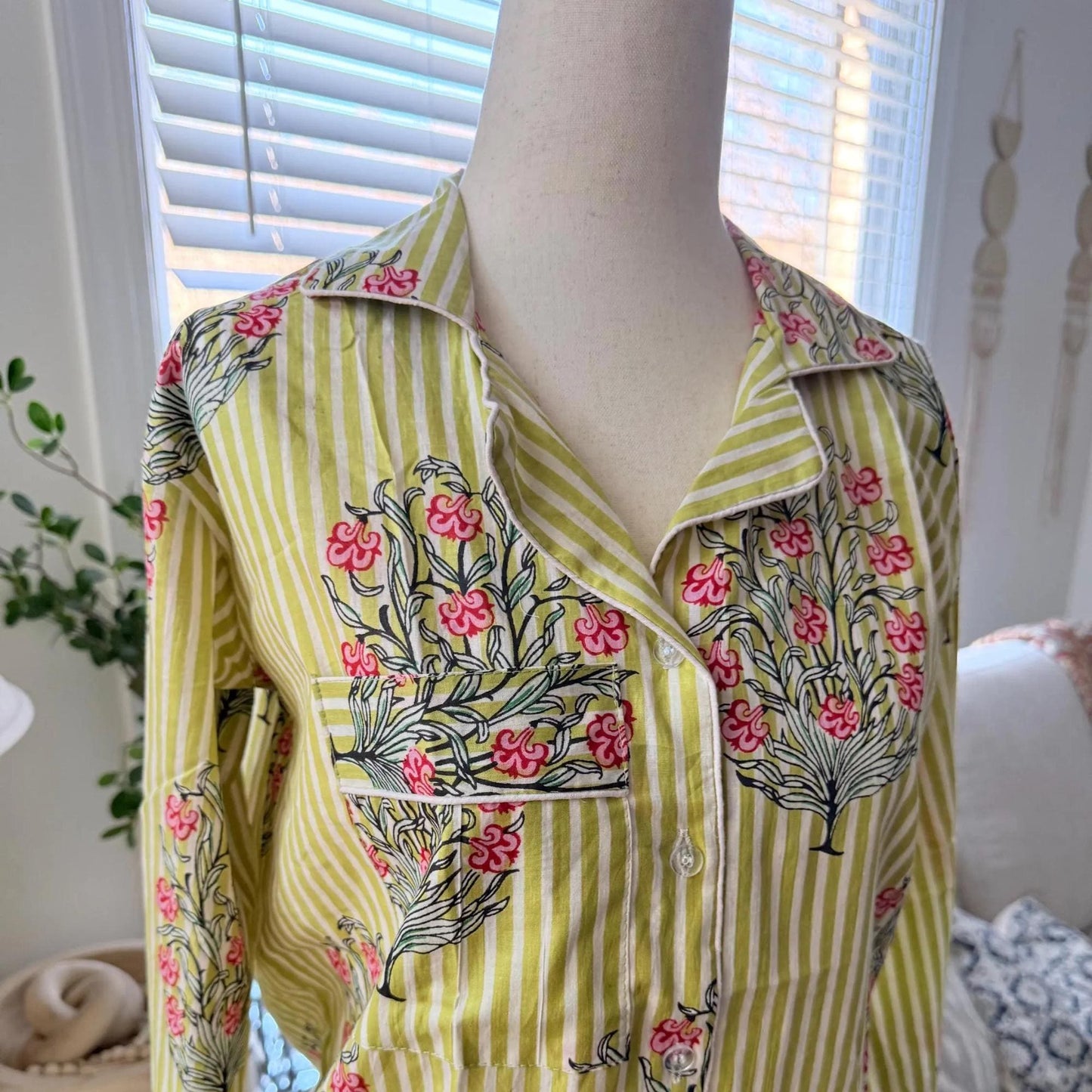 Green Holiday Pj's Hand Block print Cotton Pajama Set, Floral and Stripes Boho Loungewear and sleepwear with Pouch Holiday Gift for her