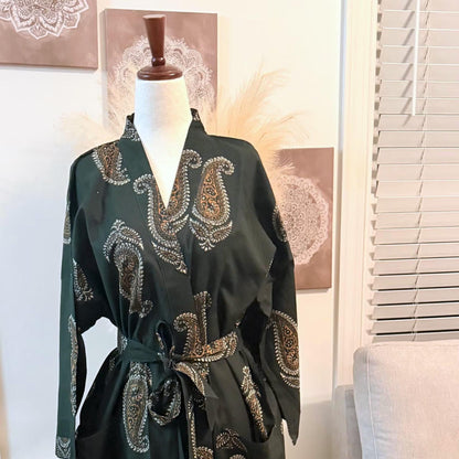 Green Block Print Cotton Robe, Ankle Length Kimono Dressing Gown