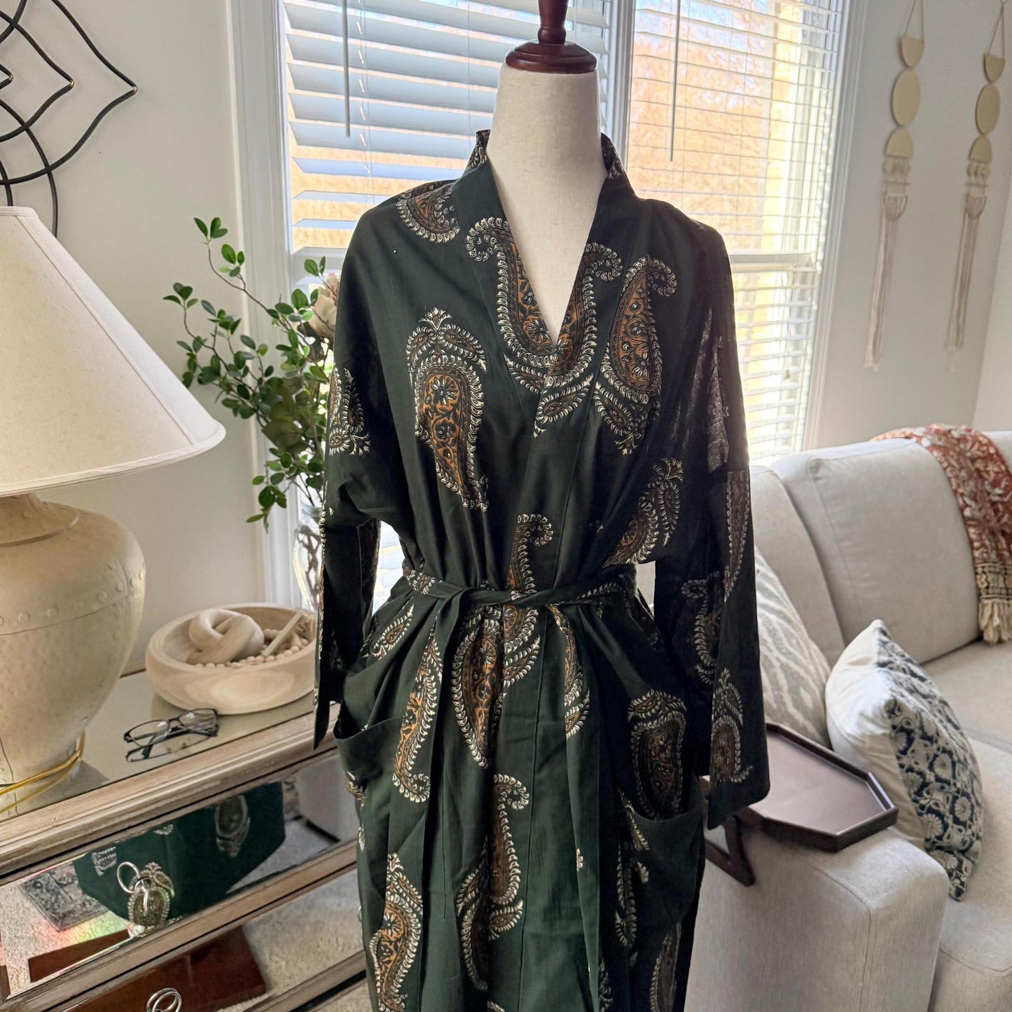 Green Block Print Cotton Robe, Ankle Length Kimono Dressing Gown