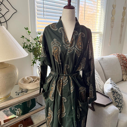 Green Block Print Cotton Robe, Ankle Length Kimono Dressing Gown