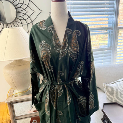 Green Block Print Cotton Robe, Ankle Length Kimono Dressing Gown