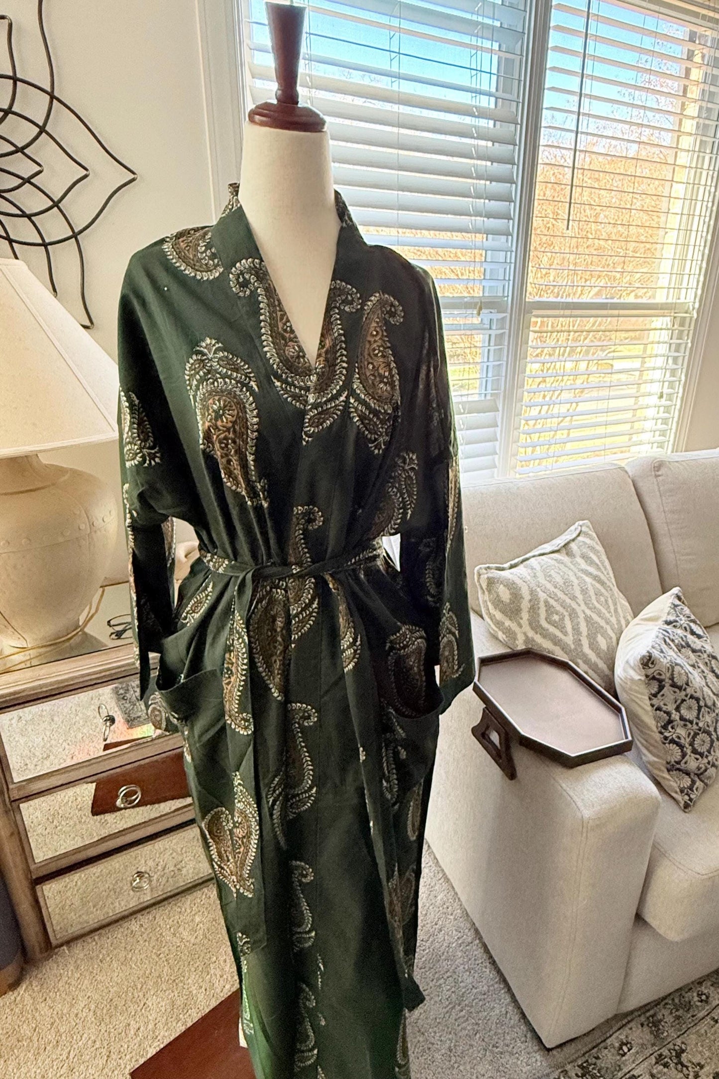 Christmas Gift Green Cotton Kimono Robe, Boho block print, Cozy House Robe, Loungewear, Sleepwear Holiday Gift for her