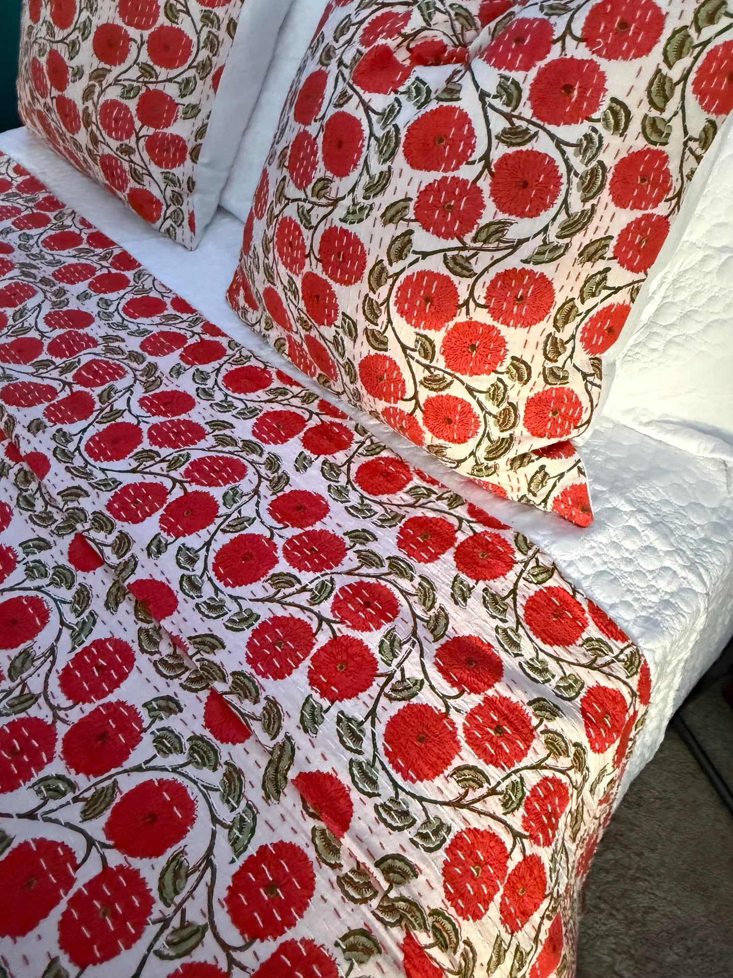 Orange Floral Kantha Quilt Throw Blanket For King and Queen Size - Indian Boho Bedding Best Housewarming Gift - Block Print Bed Cover