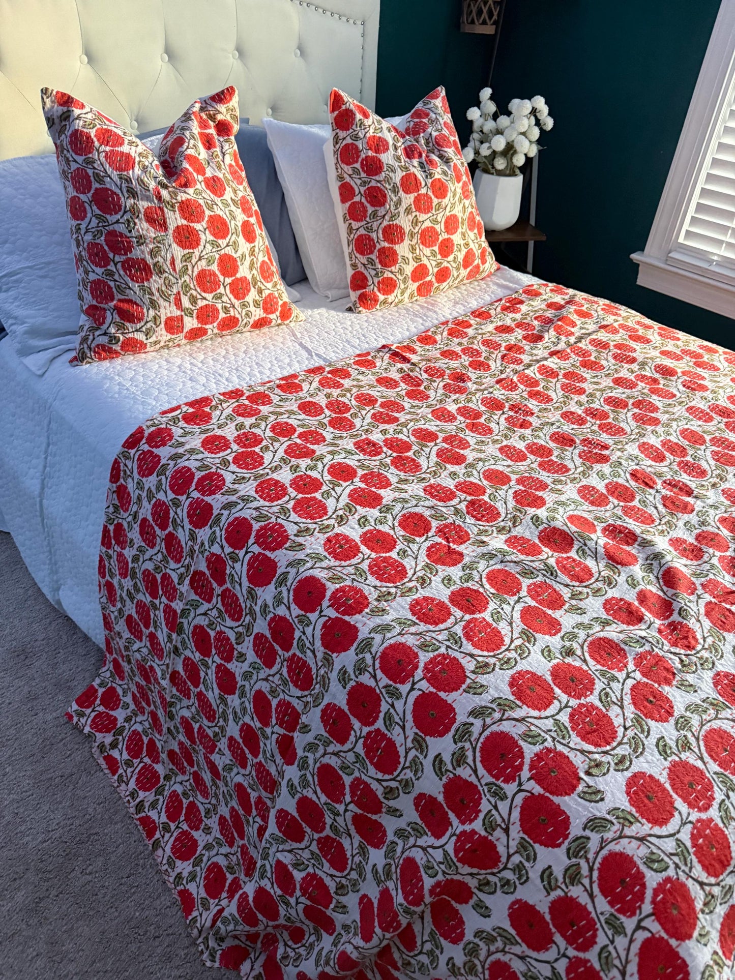 Orange Floral Kantha Quilt Throw Blanket For King and Queen Size - Indian Boho Bedding Best Housewarming Gift - Block Print Bed Cover