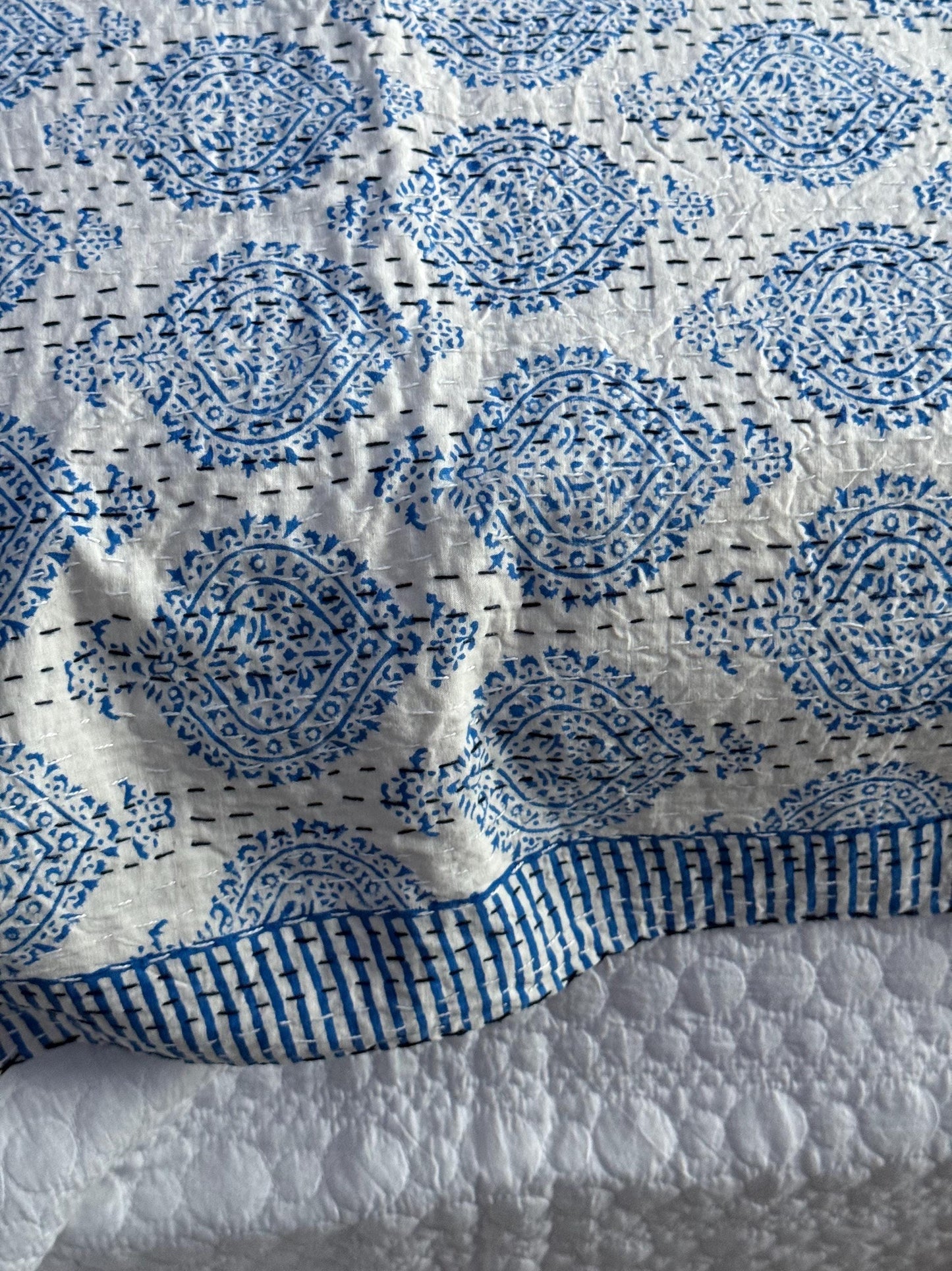Blue Floral Kantha Quilt Cotton Bedspread For Beach House - Block Print Bedding Quilt Summer Nautical Home-Decor -Coastal Bed Cover or Throw