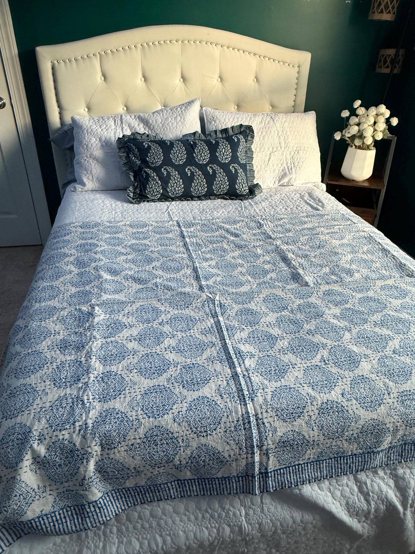 Blue Floral Kantha Quilt Cotton Bedspread For Beach House - Block Print Bedding Quilt Summer Nautical Home-Decor -Coastal Bed Cover or Throw