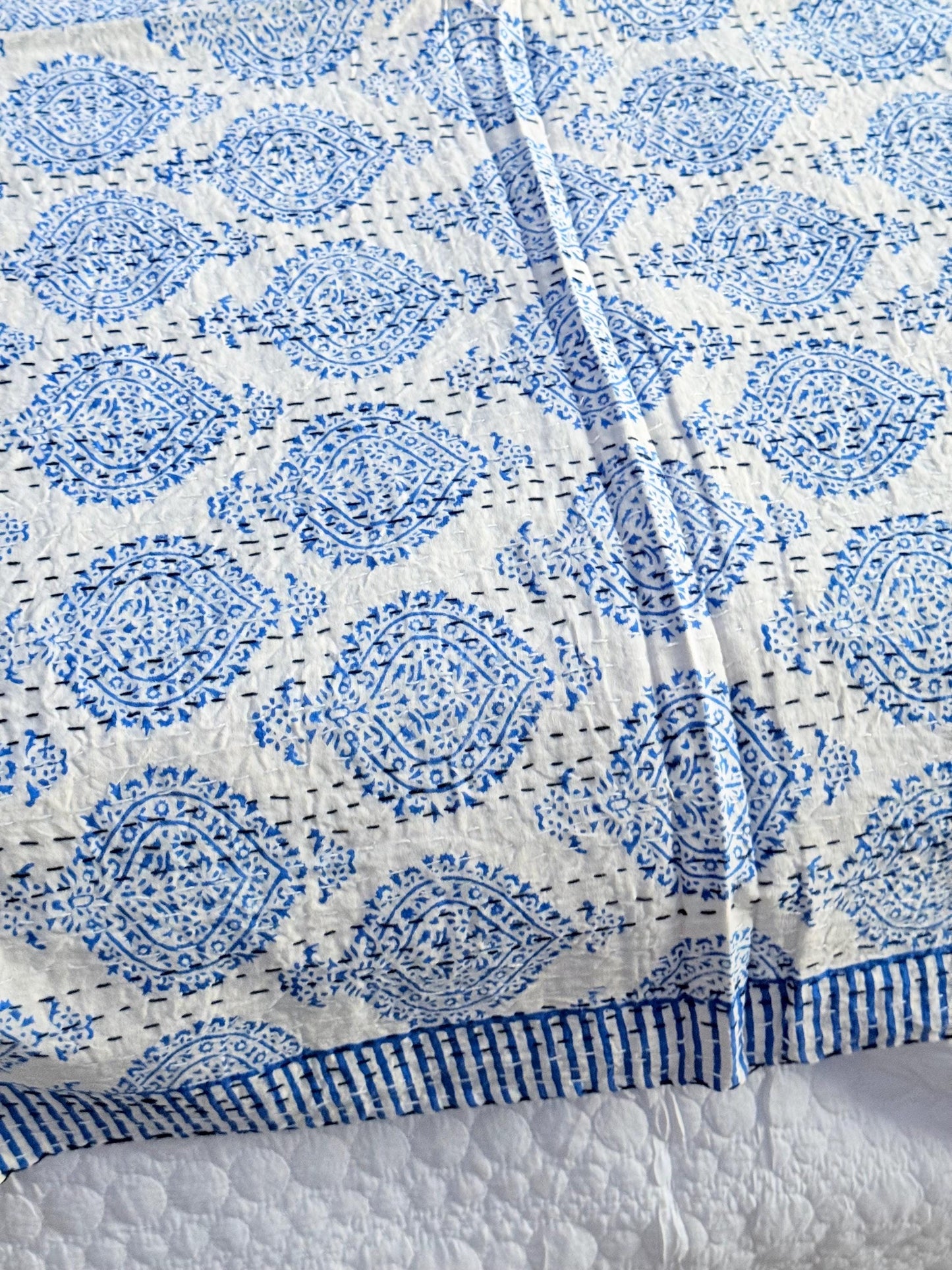 Blue Floral Kantha Quilt Cotton Bedspread For Beach House - Block Print Bedding Quilt Summer Nautical Home-Decor -Coastal Bed Cover or Throw