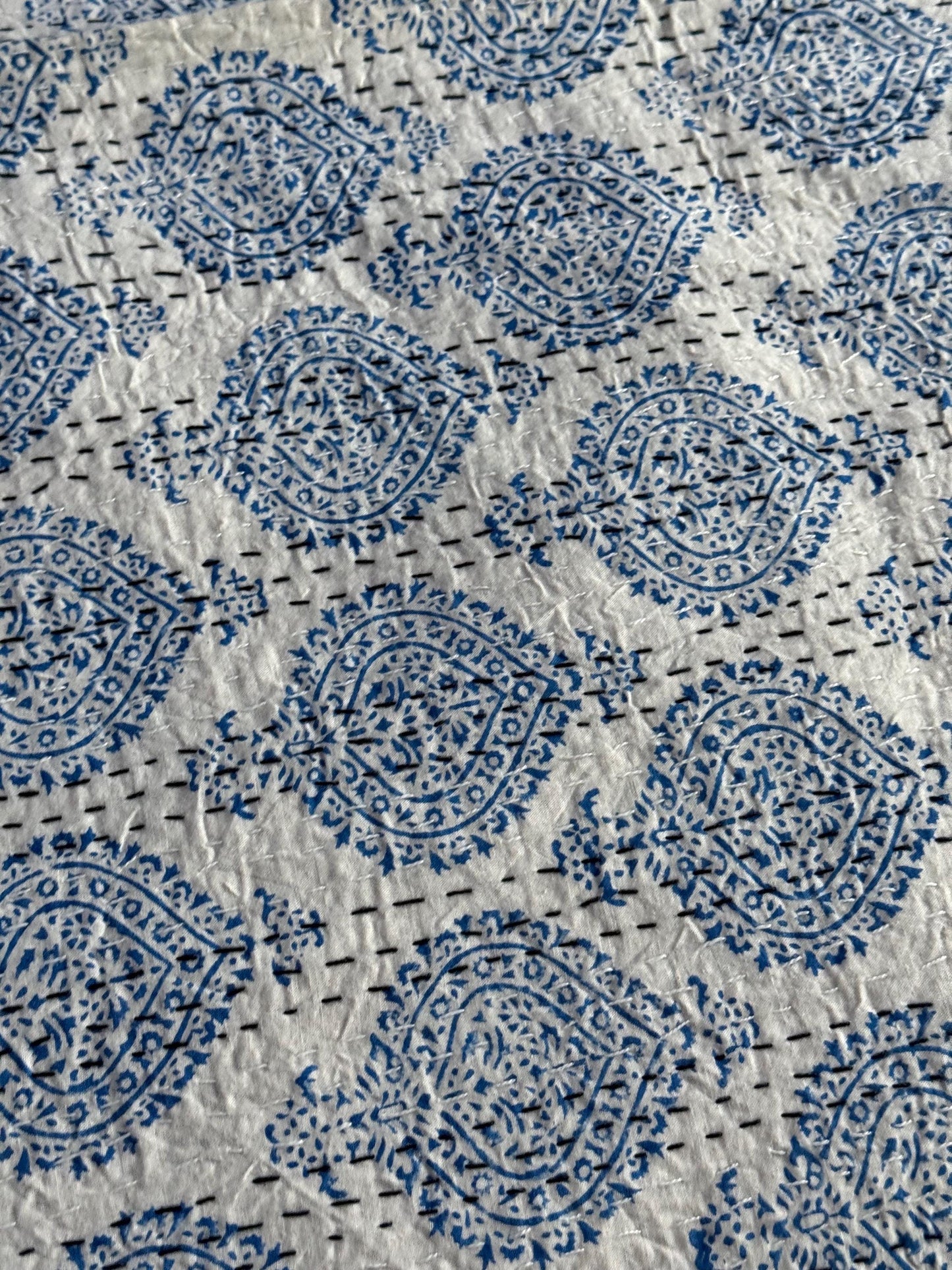 Blue Floral Kantha Quilt Cotton Bedspread For Beach House - Block Print Bedding Quilt Summer Nautical Home-Decor -Coastal Bed Cover or Throw