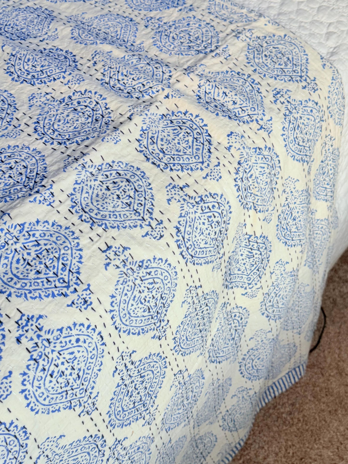 Blue Floral Kantha Quilt Cotton Bedspread For Beach House - Block Print Bedding Quilt Summer Nautical Home-Decor -Coastal Bed Cover or Throw