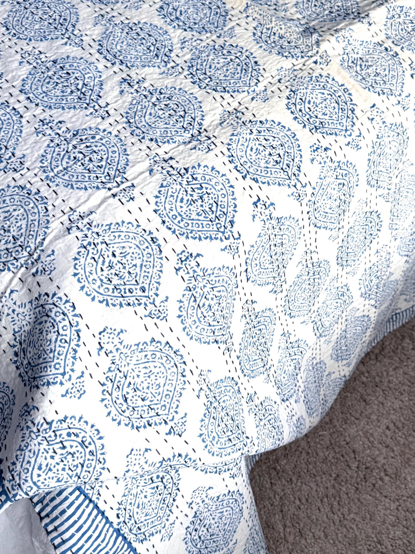 Blue Floral Kantha Quilt Cotton Bedspread For Beach House - Block Print Bedding Quilt Summer Nautical Home-Decor -Coastal Bed Cover or Throw