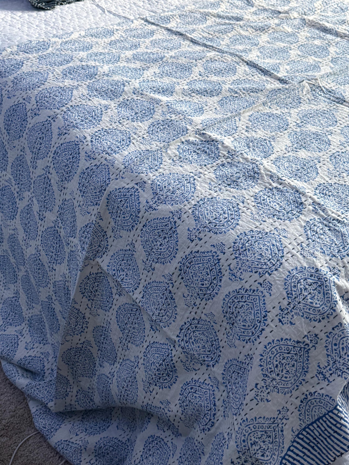 Blue Floral Kantha Quilt Cotton Bedspread For Beach House - Block Print Bedding Quilt Summer Nautical Home-Decor -Coastal Bed Cover or Throw
