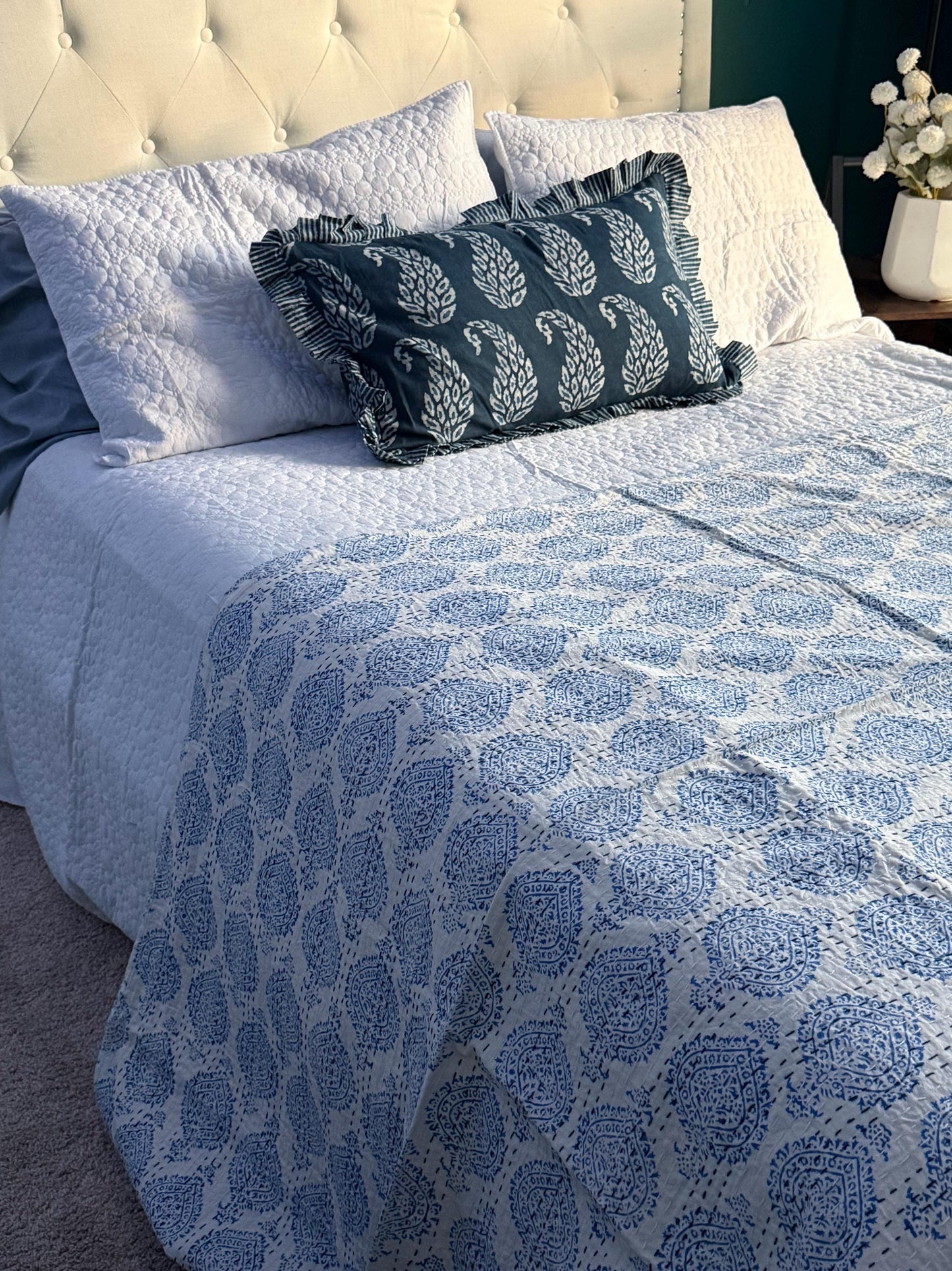 Blue Floral Kantha Quilt Cotton Bedspread For Beach House - Block Print Bedding Quilt Summer Nautical Home-Decor -Coastal Bed Cover or Throw