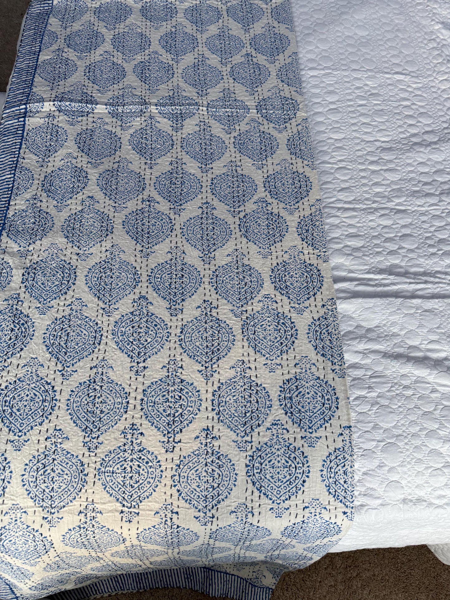 Blue Floral Kantha Quilt Cotton Bedspread For Beach House - Block Print Bedding Quilt Summer Nautical Home-Decor -Coastal Bed Cover or Throw