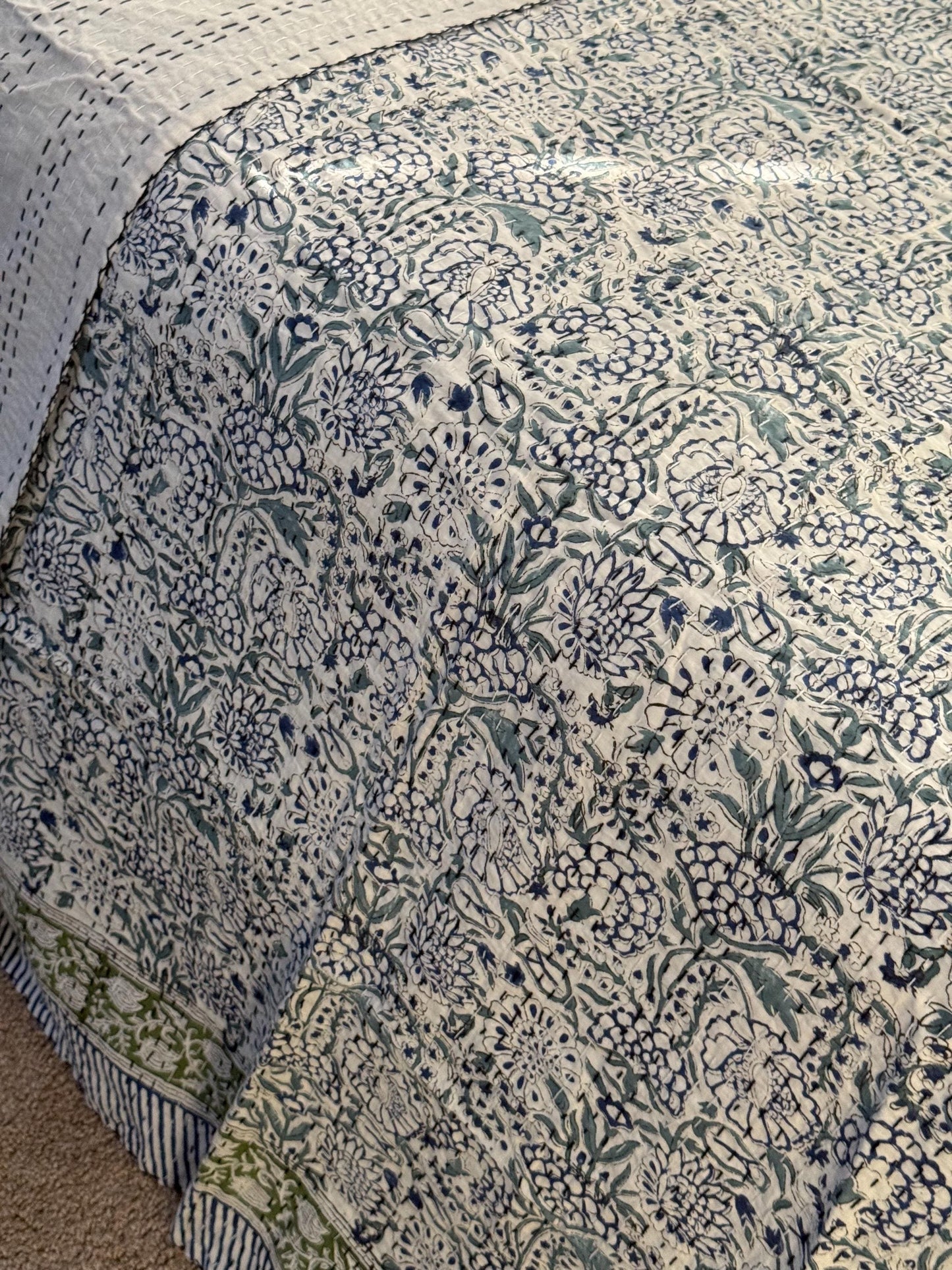 Blue Floral Kantha Quilt Summer Bedroom Decor - Hand-Stitched Bedspread Cotton Bedding Ideal For Beach House Decor - Coastal Throw Blanket