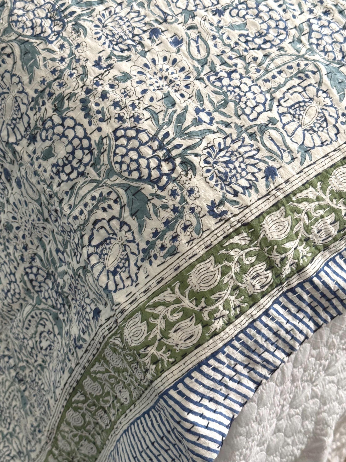Blue Floral Kantha Quilt Summer Bedroom Decor - Hand-Stitched Bedspread Cotton Bedding Ideal For Beach House Decor - Coastal Throw Blanket
