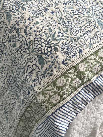 Blue Floral Kantha Quilt, Hand-Stitched Coastal Bedspread