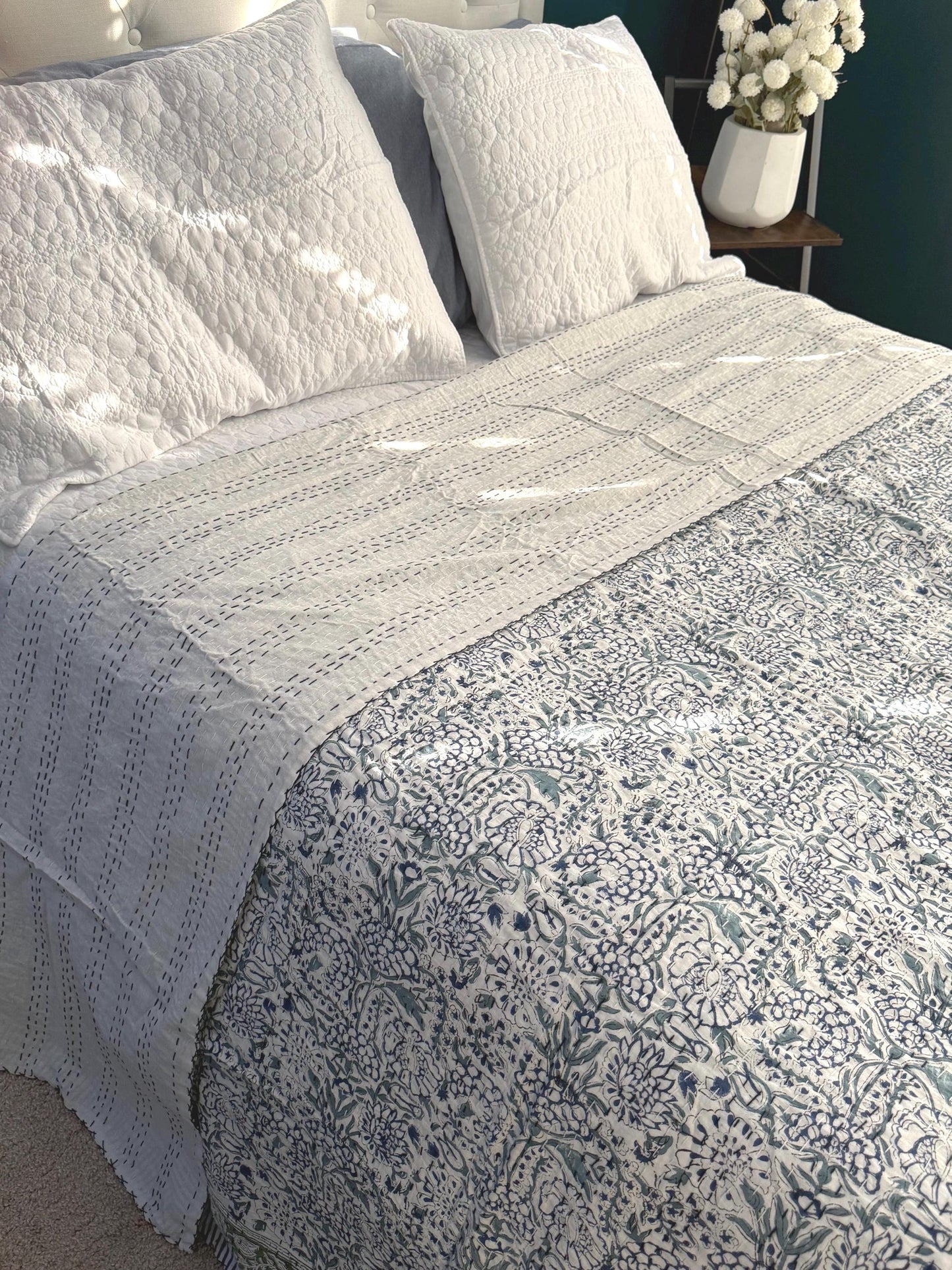Blue Floral Kantha Quilt Summer Bedroom Decor - Hand-Stitched Bedspread Cotton Bedding Ideal For Beach House Decor - Coastal Throw Blanket
