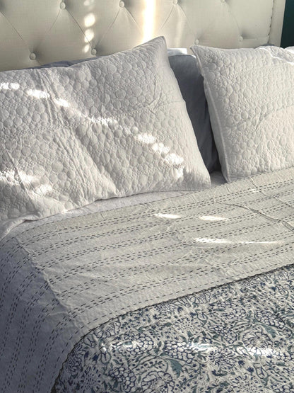 Blue Floral Kantha Quilt, Hand-Stitched Coastal Bedspread