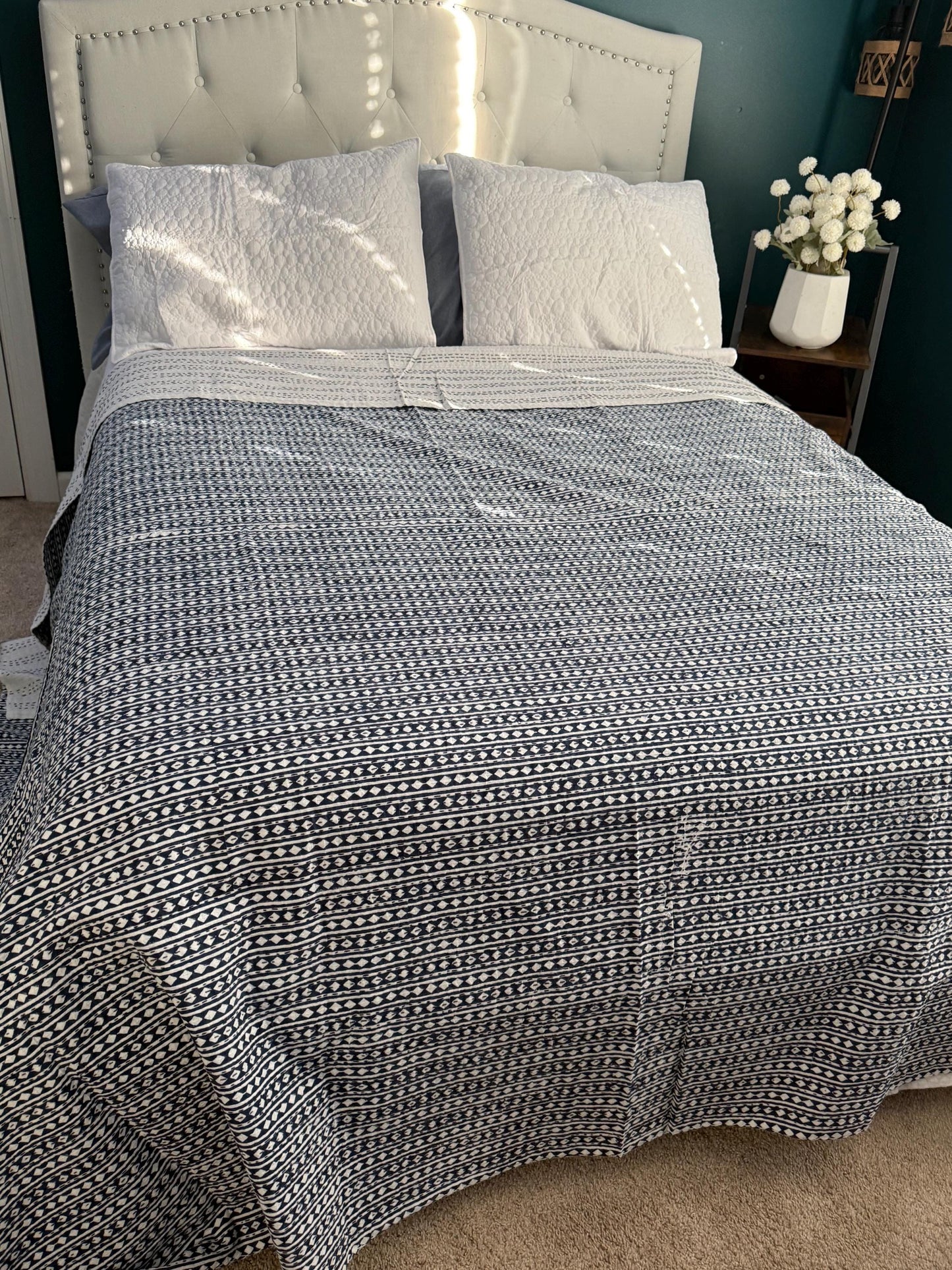 Cotton Kantha Quilt Summer Home-Decor - Hand Block Print Bedspread King Size Cotton Bedding - Bohemian Throw Blanket Indian Bed Cover
