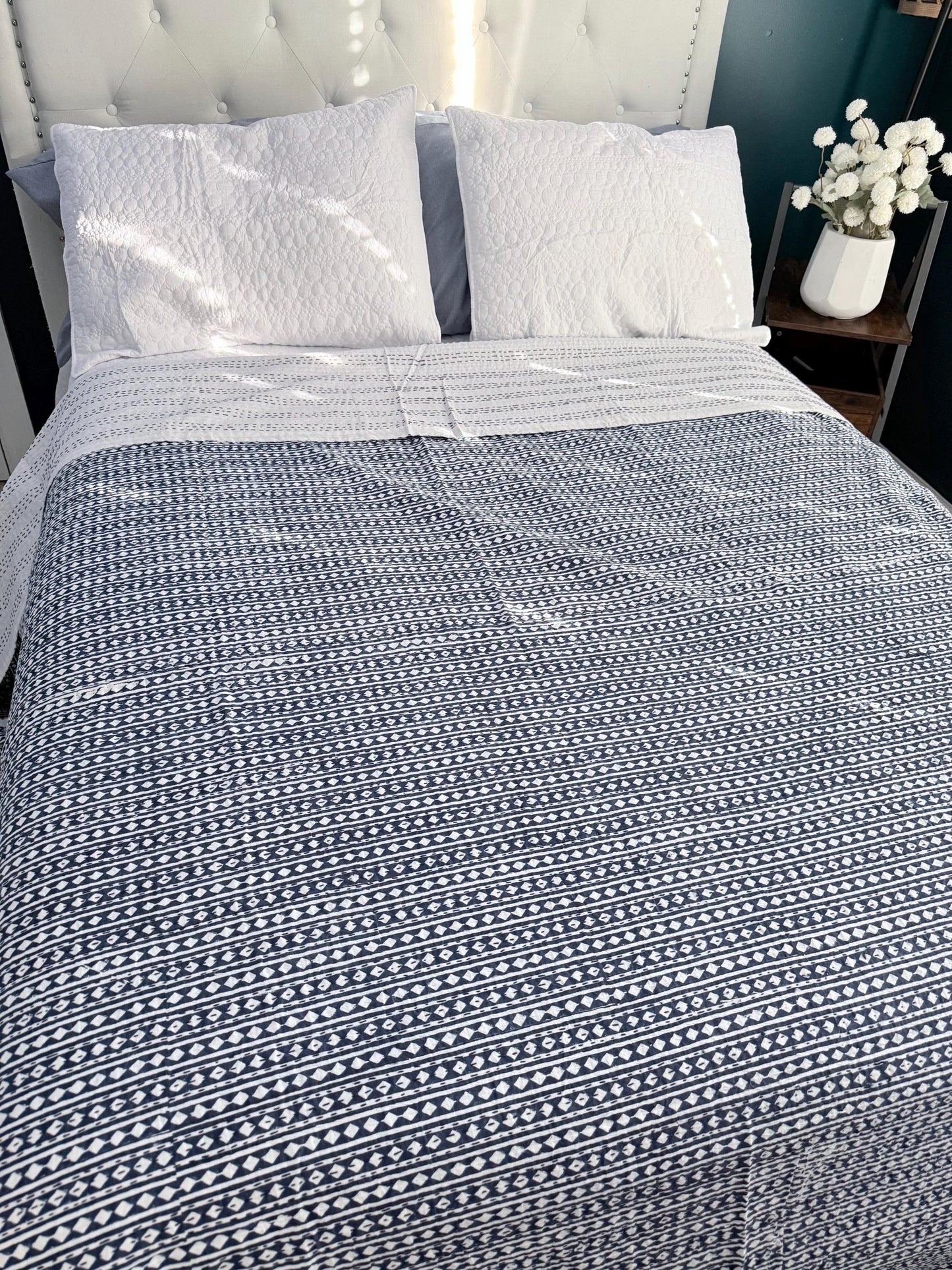 Cotton Kantha Quilt Summer Home-Decor - Hand Block Print Bedspread King Size Cotton Bedding - Bohemian Throw Blanket Indian Bed Cover