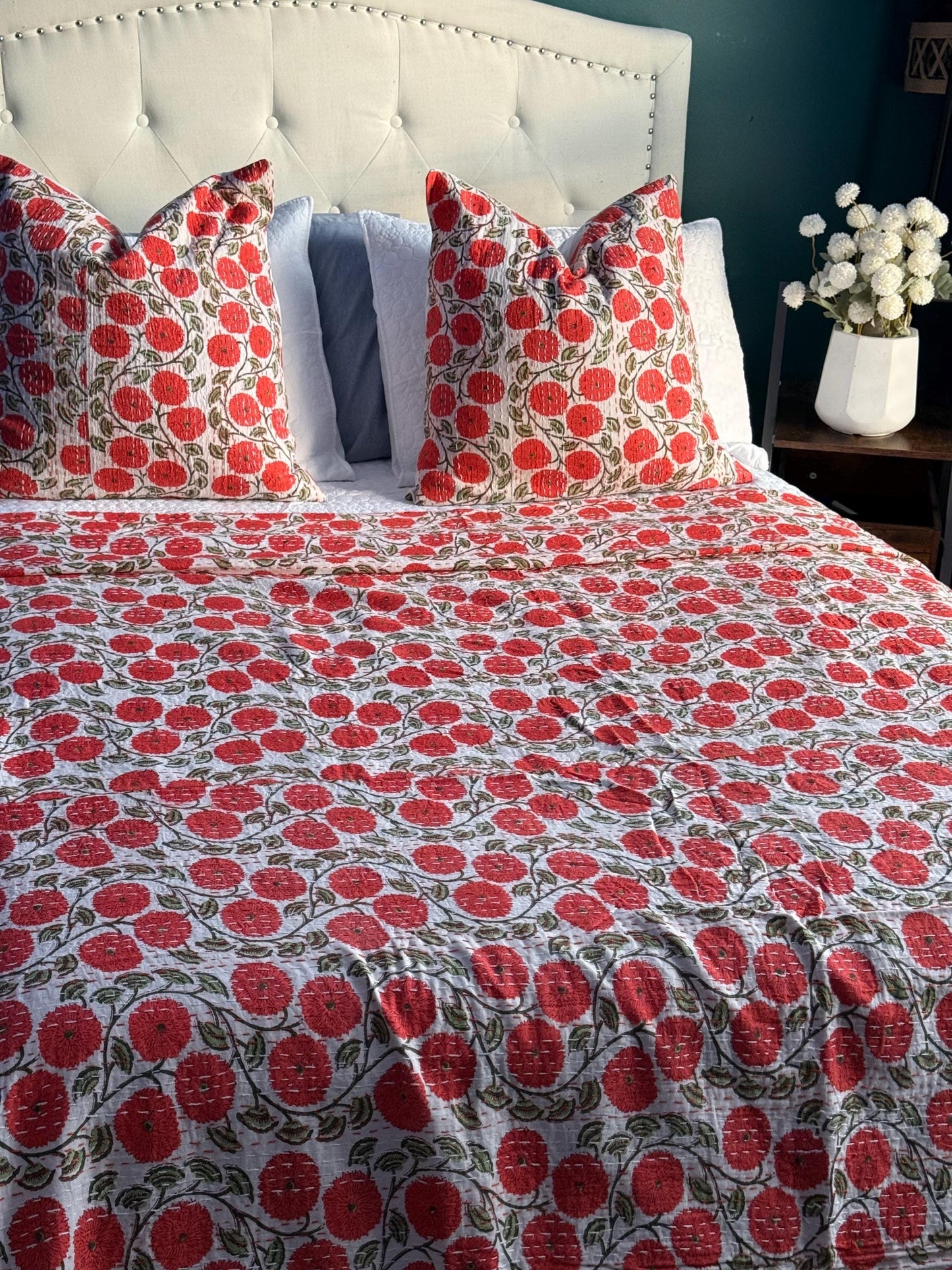 Orange Floral Kantha Quilt Throw Blanket For King and Queen Size - Indian Boho Bedding Best Housewarming Gift - Block Print Bed Cover