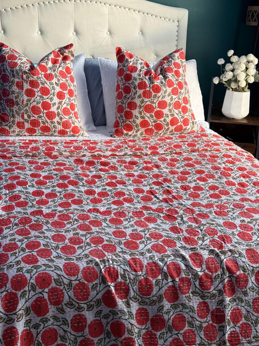 Orange Floral Kantha Quilt Throw Blanket For King and Queen Size - Indian Boho Bedding Best Housewarming Gift - Block Print Bed Cover