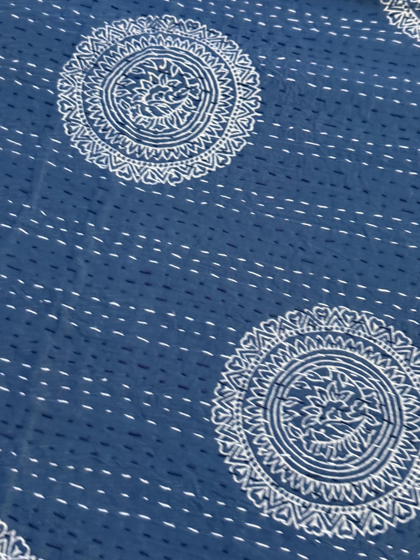 Indigo Kantha Quilt Indian Bespread - Floral Cotton Bedding For Home-Decor or Housewarming Gift - Beachy Boho Throw Blanket For Beach House