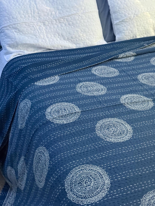 Indigo Kantha Quilt Indian Bespread - Floral Cotton Bedding For Home-Decor or Housewarming Gift - Beachy Boho Throw Blanket For Beach House