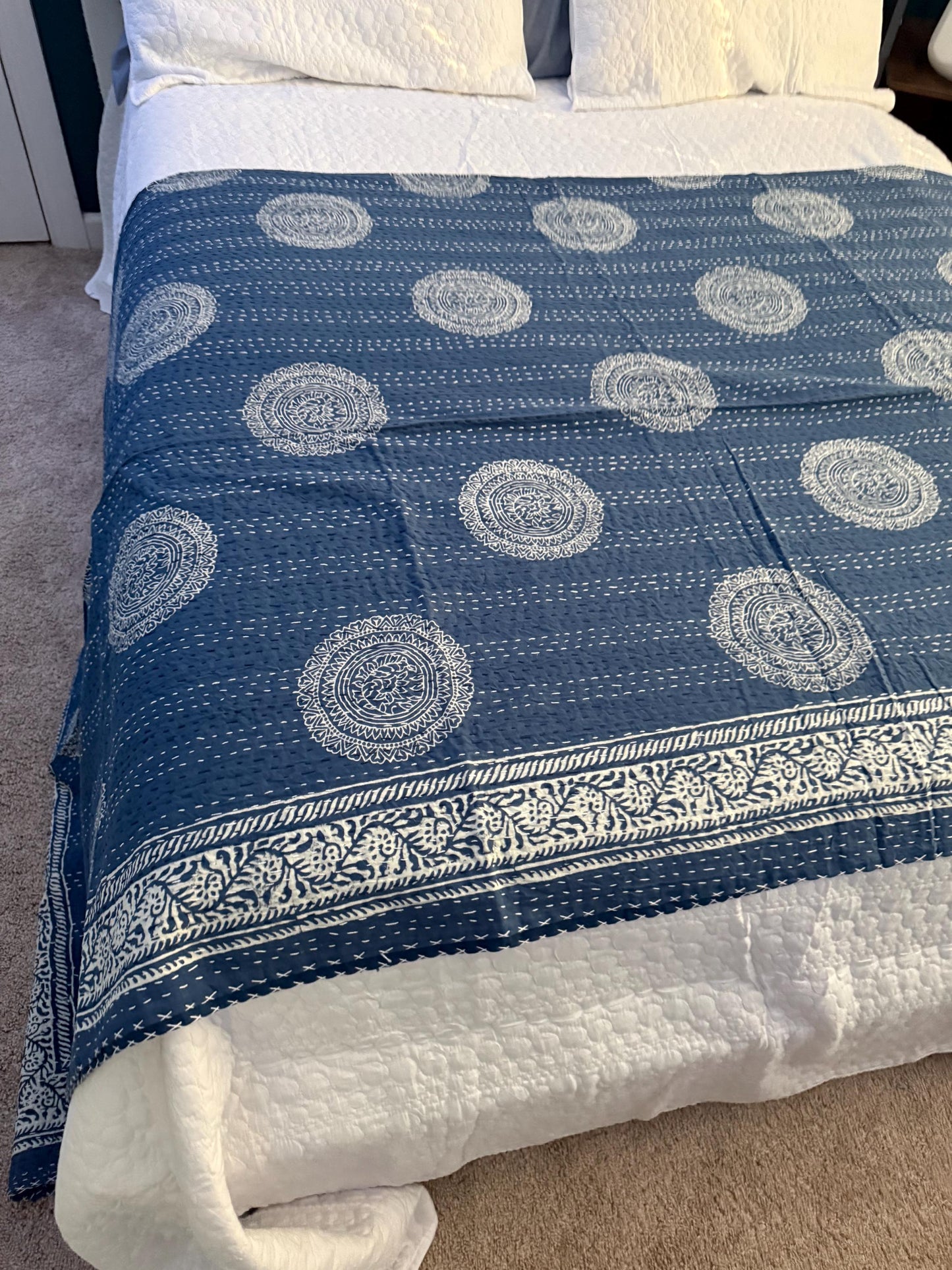 Indigo Kantha Quilt Indian Bespread - Floral Cotton Bedding For Home-Decor or Housewarming Gift - Beachy Boho Throw Blanket For Beach House