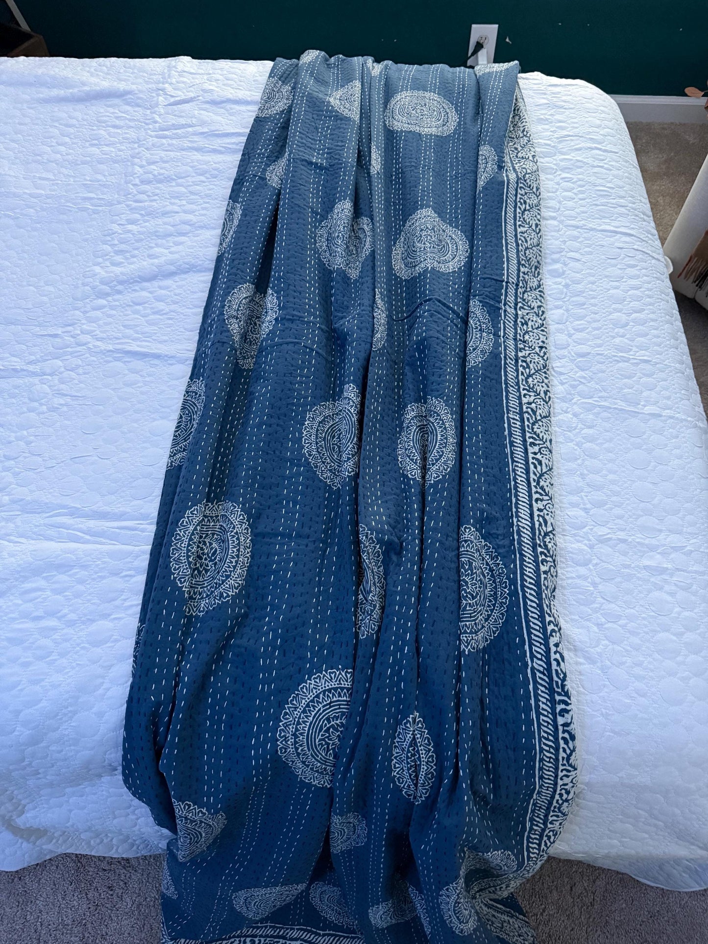 Indigo Kantha Quilt Indian Bespread - Floral Cotton Bedding For Home-Decor or Housewarming Gift - Beachy Boho Throw Blanket For Beach House
