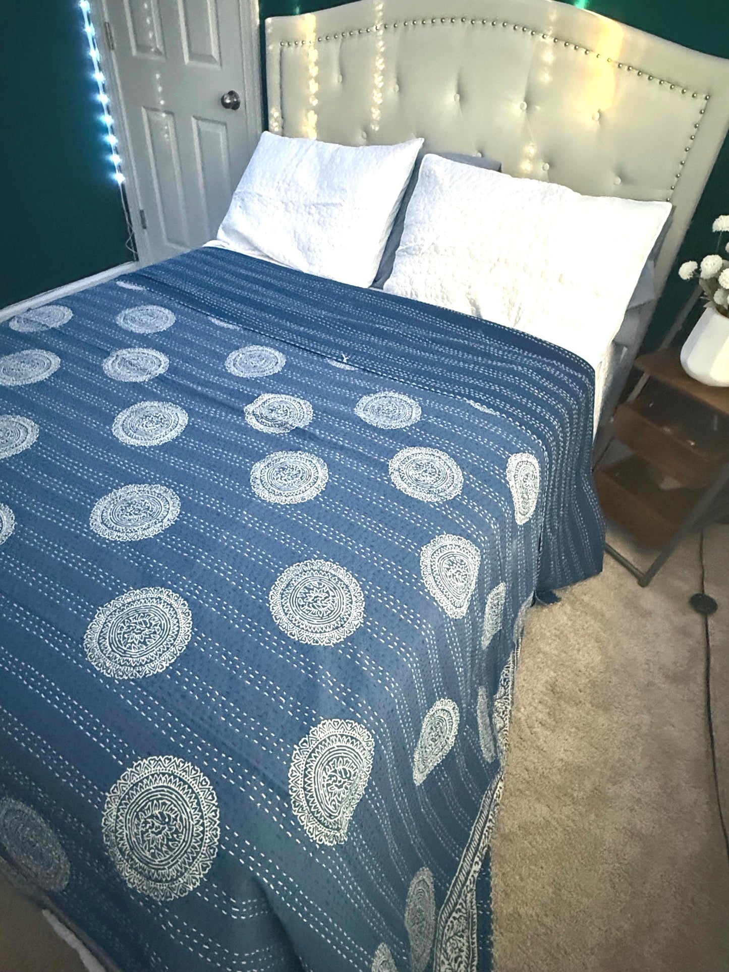 Indigo Kantha Quilt Indian Bespread - Floral Cotton Bedding For Home-Decor or Housewarming Gift - Beachy Boho Throw Blanket For Beach House