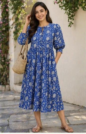 Blue Floral Block Print Dress - Indian Boho Summer Dresses For Women - Midi Dress With Pockets  Mother of The Bride or Wedding Guest