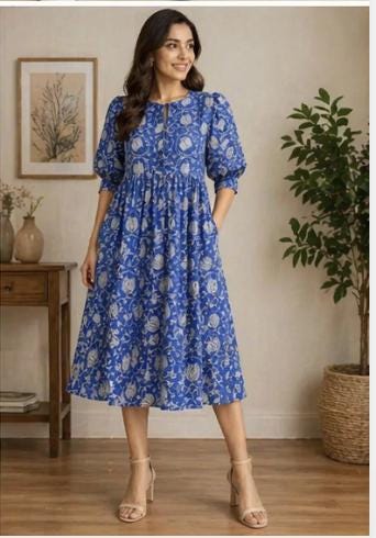 Blue Floral Block Print Dress - Indian Boho Summer Dresses For Women - Midi Dress With Pockets  Mother of The Bride or Wedding Guest