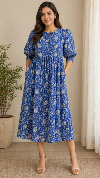 Blue Floral Block Print Dress - Indian Boho Summer Dresses For Women - Midi Dress With Pockets  Mother of The Bride or Wedding Guest
