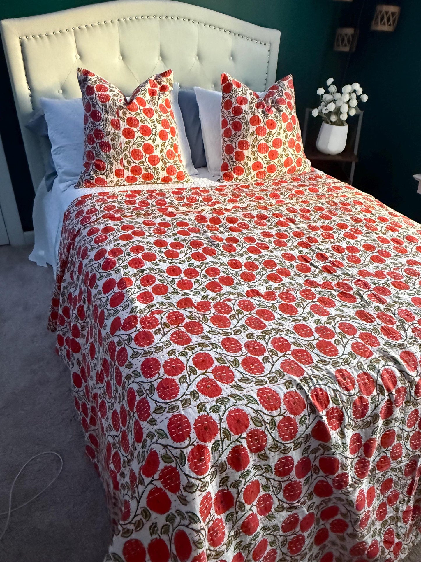 Orange Floral Kantha Quilt Throw Blanket For King and Queen Size - Indian Boho Bedding Best Housewarming Gift - Block Print Bed Cover