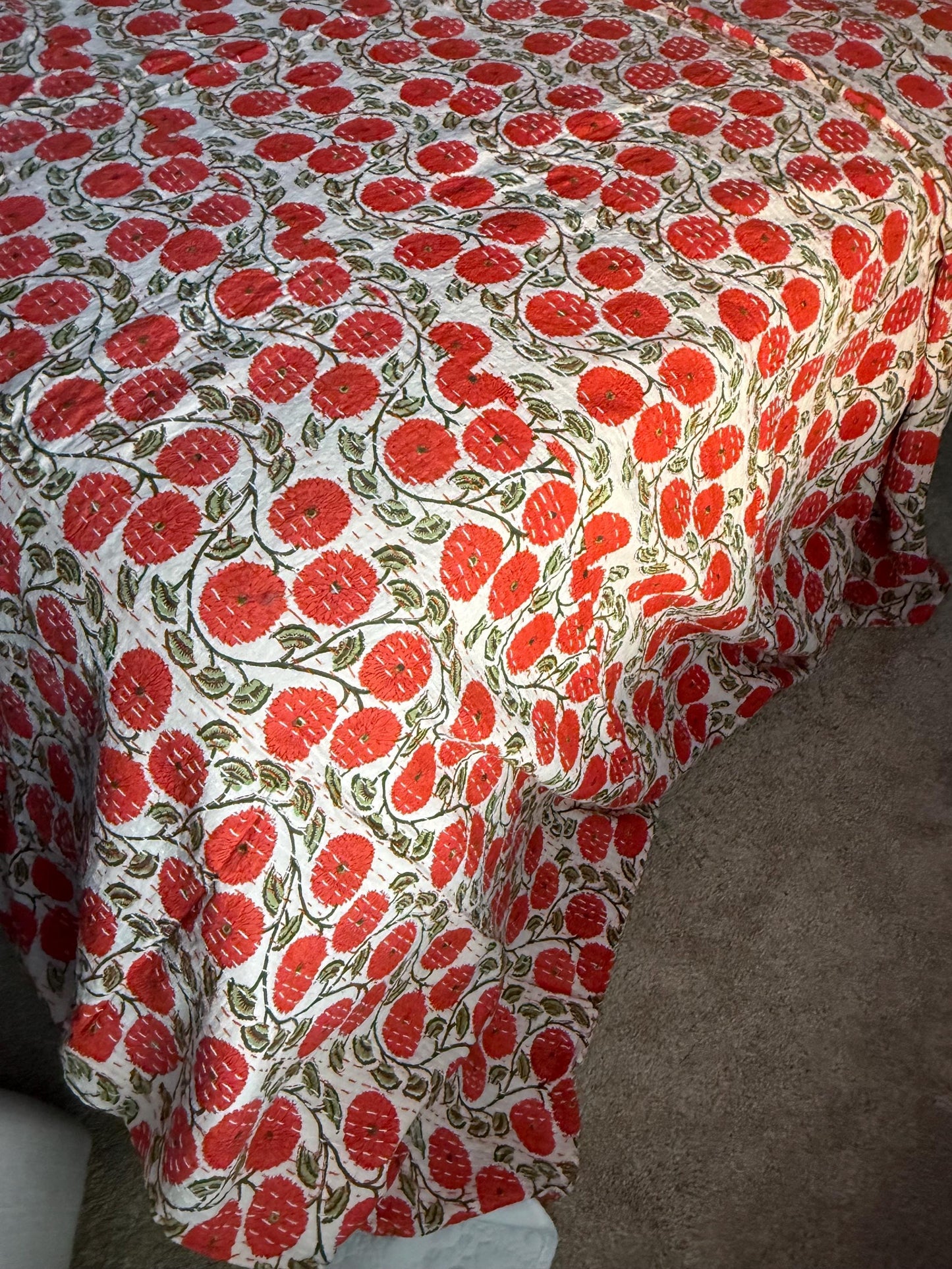 Orange Floral Kantha Quilt Throw Blanket For King and Queen Size - Indian Boho Bedding Best Housewarming Gift - Block Print Bed Cover