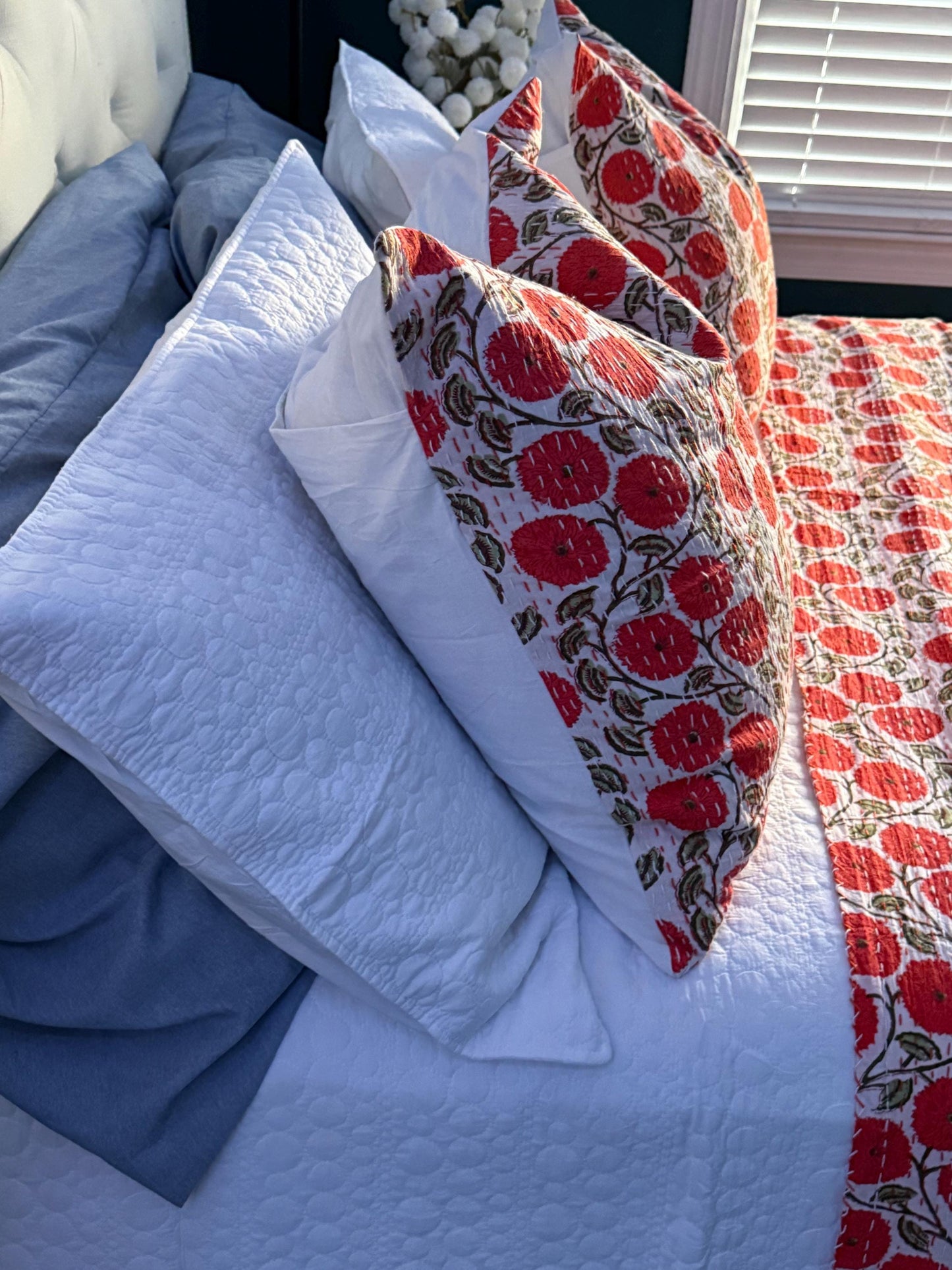 Orange Floral Kantha Quilt Throw Blanket For King and Queen Size - Indian Boho Bedding Best Housewarming Gift - Block Print Bed Cover