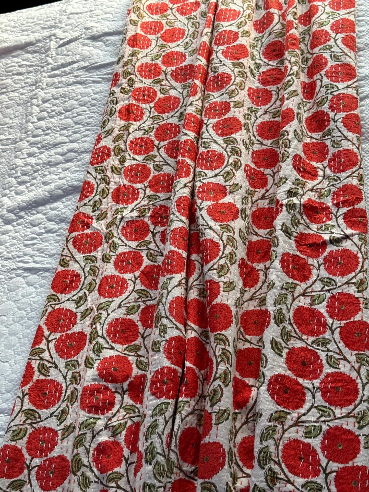 Orange Floral Kantha Quilt Throw Blanket For King and Queen Size - Indian Boho Bedding Best Housewarming Gift - Block Print Bed Cover