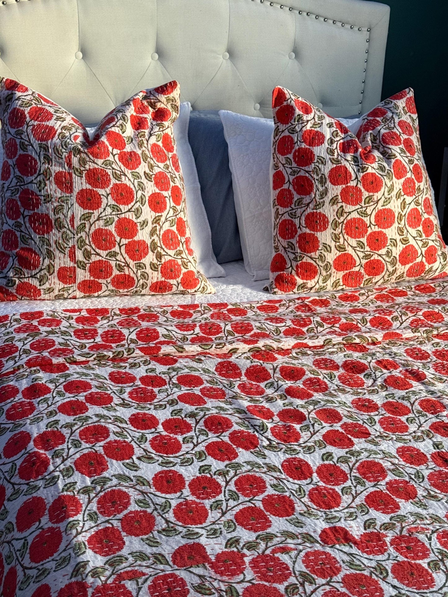 Orange Floral Kantha Quilt Throw Blanket For King and Queen Size - Indian Boho Bedding Best Housewarming Gift - Block Print Bed Cover