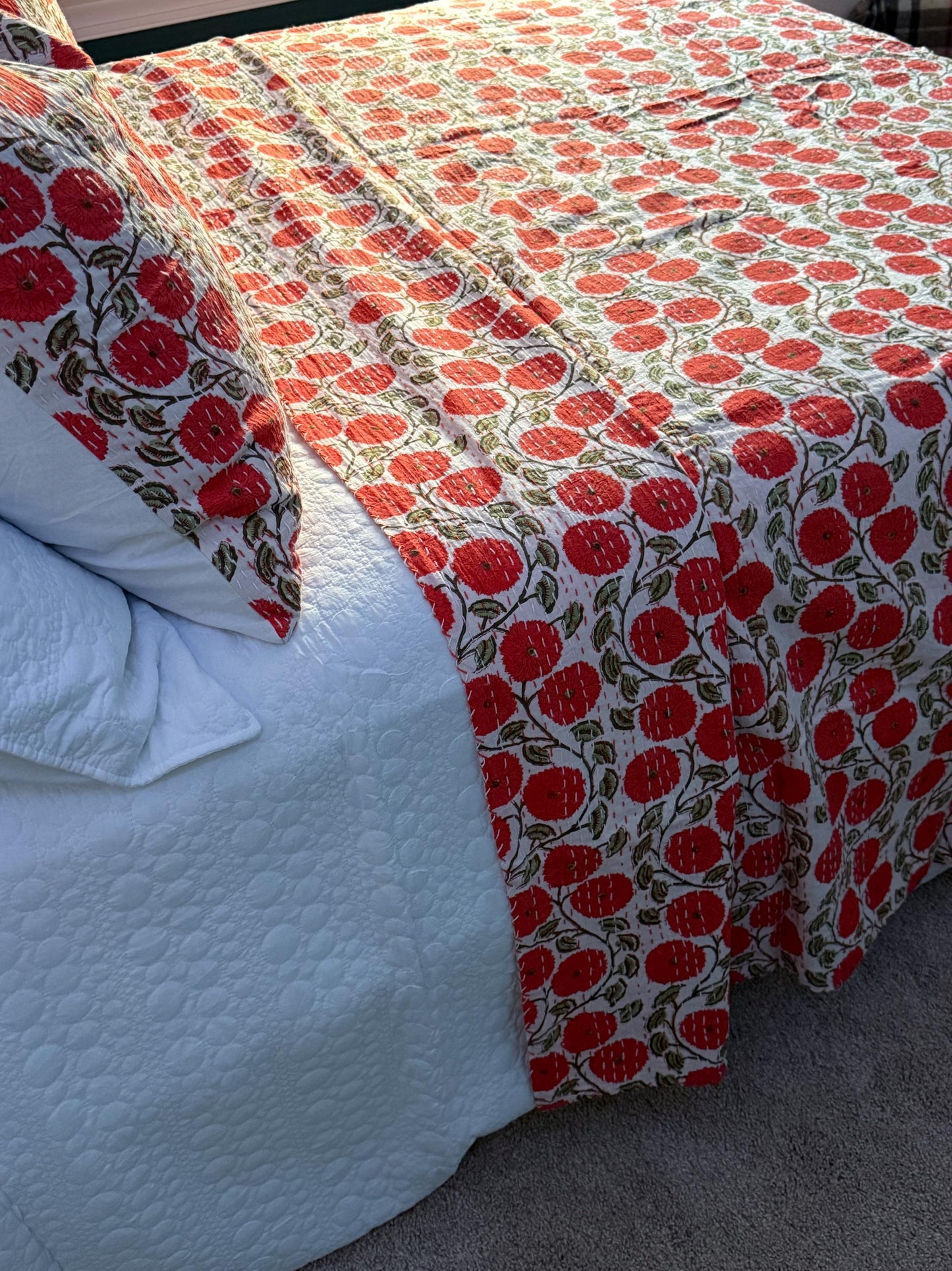Orange Floral Kantha Quilt Throw Blanket For King and Queen Size - Indian Boho Bedding Best Housewarming Gift - Block Print Bed Cover