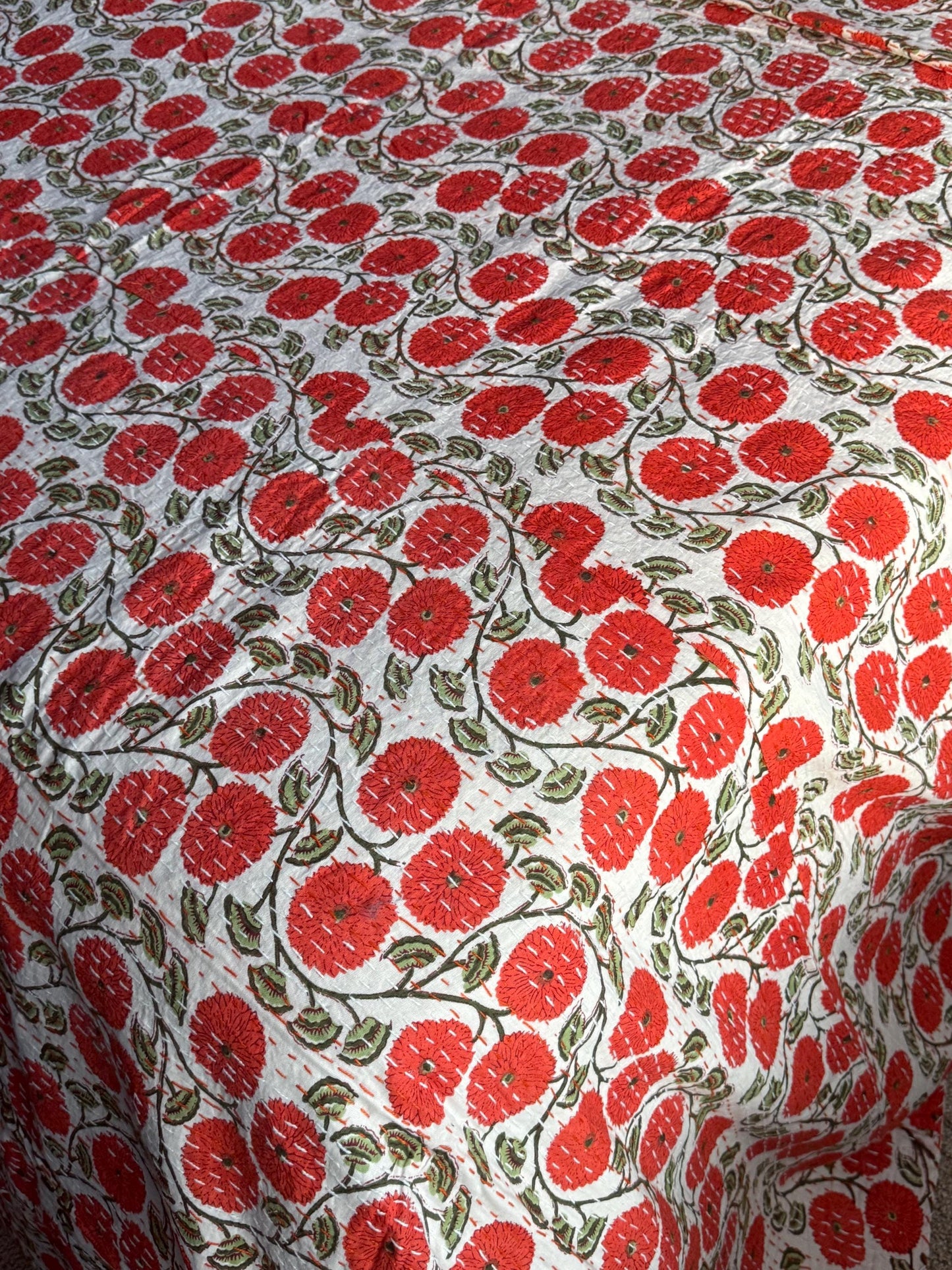 Orange Floral Kantha Quilt Throw Blanket For King and Queen Size - Indian Boho Bedding Best Housewarming Gift - Block Print Bed Cover