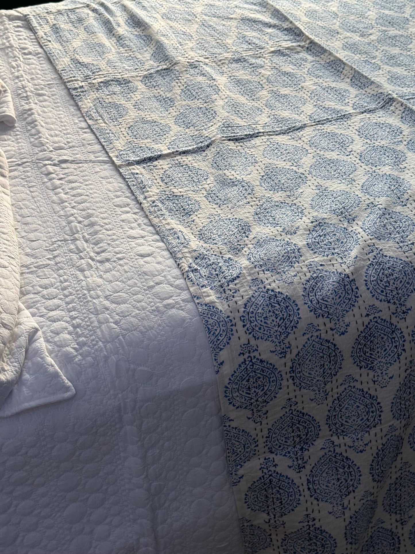 Blue Floral Kantha Quilt Cotton Bedspread For Beach House - Block Print Bedding Quilt Summer Nautical Home-Decor -Coastal Bed Cover or Throw
