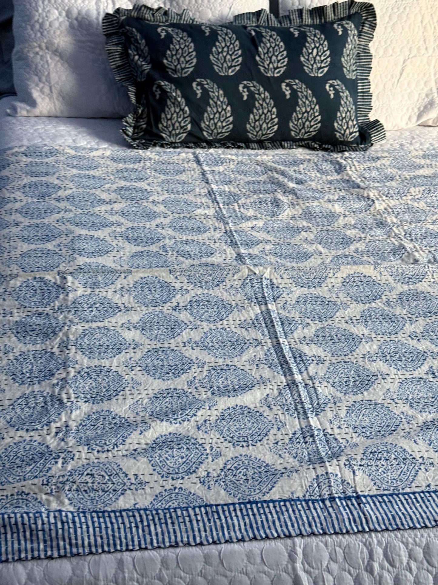 Blue Floral Kantha Quilt Cotton Bedspread For Beach House - Block Print Bedding Quilt Summer Nautical Home-Decor -Coastal Bed Cover or Throw