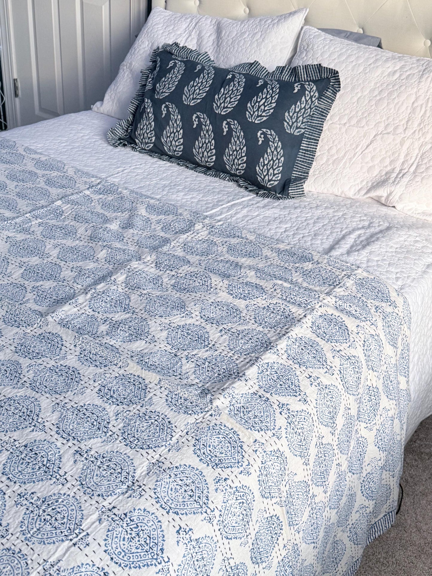 Blue Floral Kantha Quilt Cotton Bedspread For Beach House - Block Print Bedding Quilt Summer Nautical Home-Decor -Coastal Bed Cover or Throw