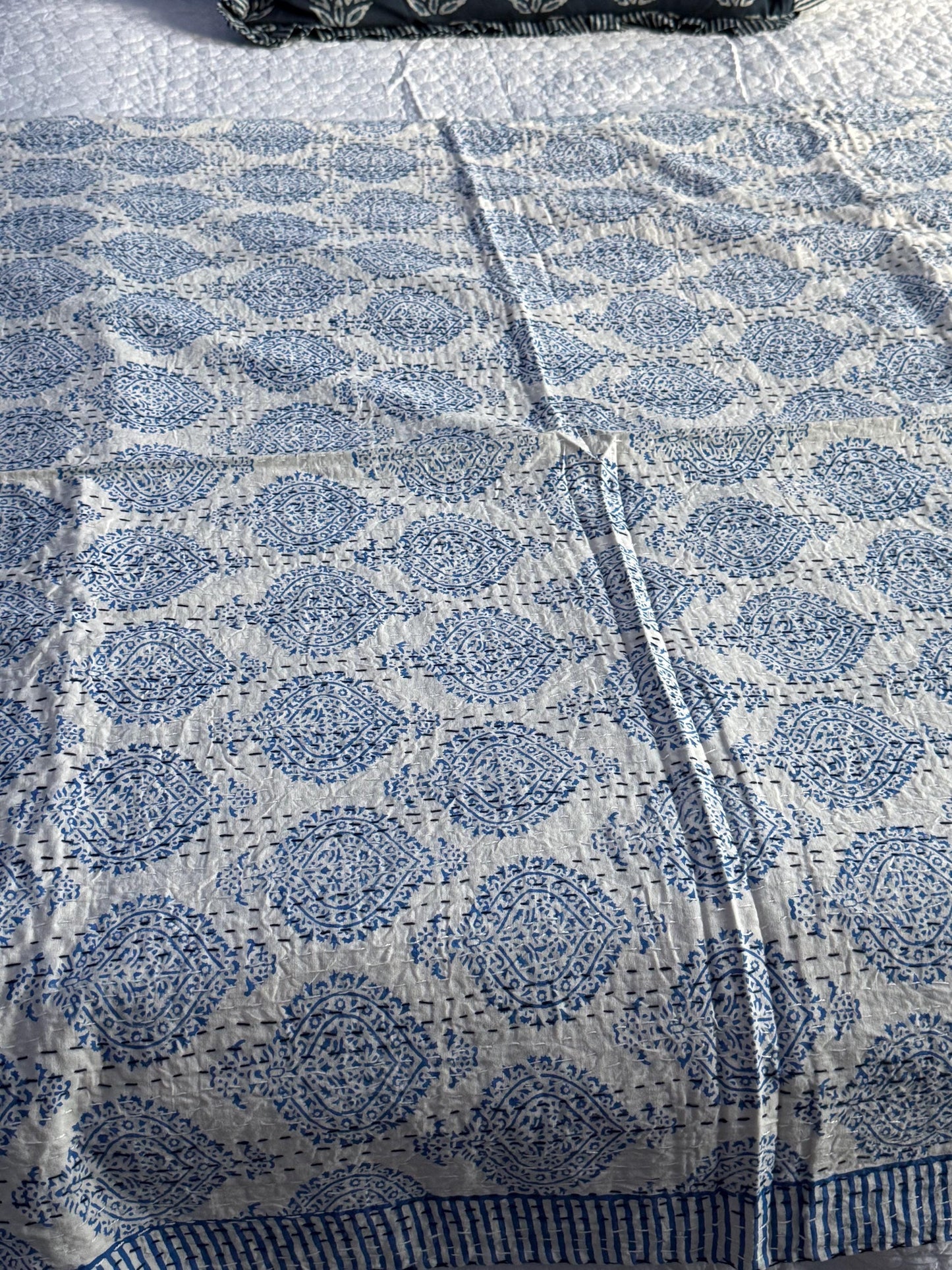 Blue Floral Kantha Quilt Cotton Bedspread For Beach House - Block Print Bedding Quilt Summer Nautical Home-Decor -Coastal Bed Cover or Throw