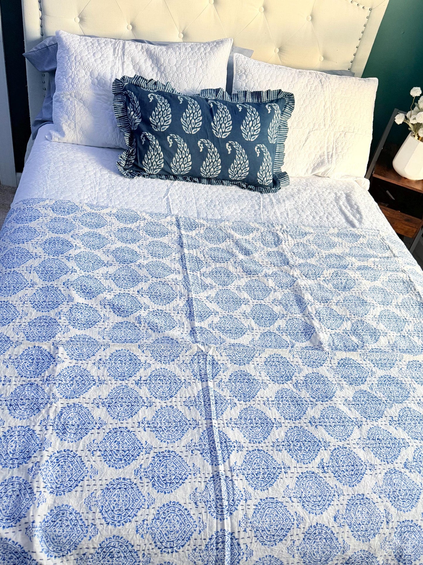 Blue Floral Kantha Quilt Cotton Bedspread For Beach House - Block Print Bedding Quilt Summer Nautical Home-Decor -Coastal Bed Cover or Throw