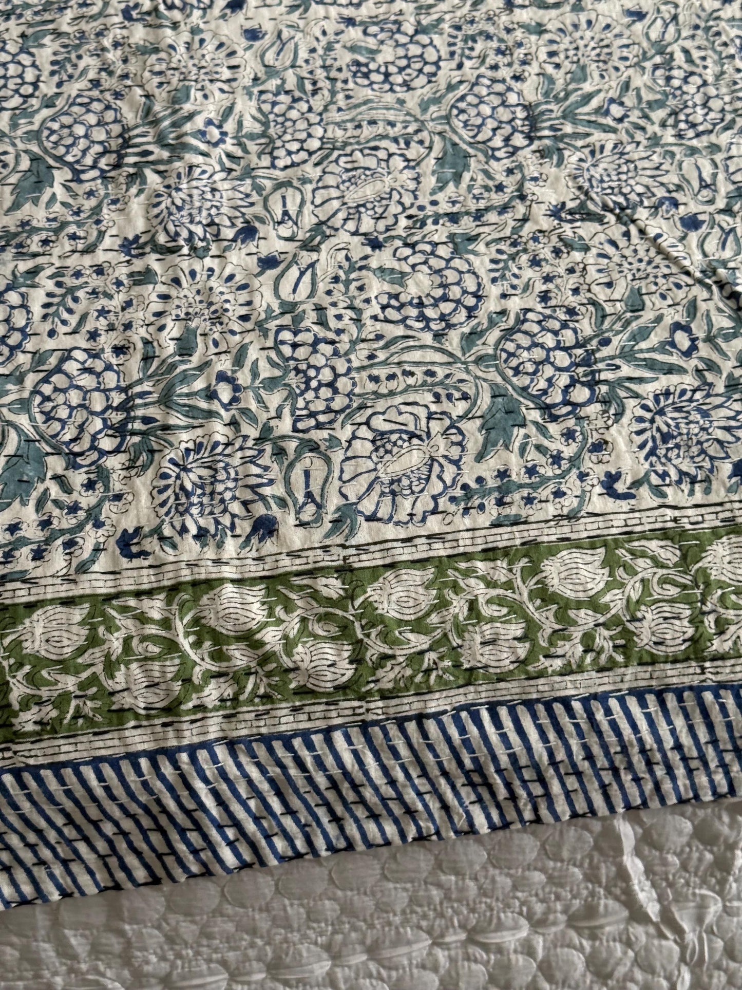 Blue Floral Kantha Quilt Summer Bedroom Decor - Hand-Stitched Bedspread Cotton Bedding Ideal For Beach House Decor - Coastal Throw Blanket